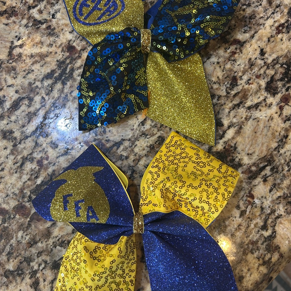 2 large FFA Glittery Blue and Gold Kids Hair Bows Show Bows